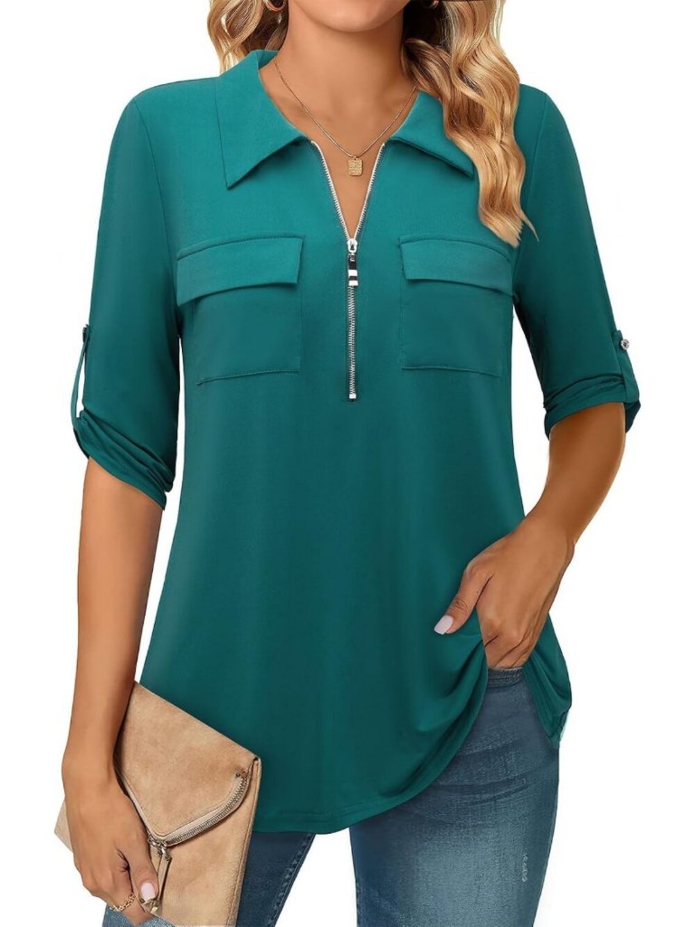 Chic 3/4 Sleeve Collared Blouse | Business Casual Zip Front V-Neck Tunic Top